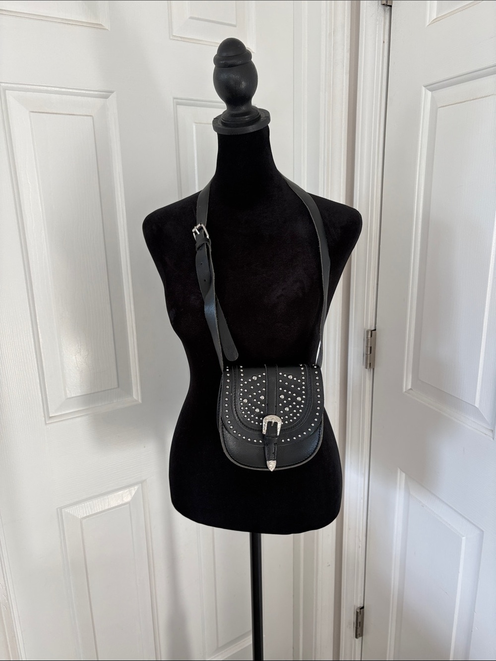 Zara Girls Black Studded Saddle Crossbody Bag with Buckle Accent